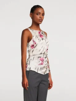 Side-Tie Satin Blouse In Floral Print