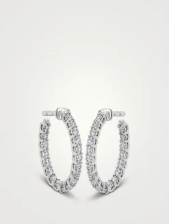 Signature 18K White Gold Oval Hoop Earrings With Diamonds