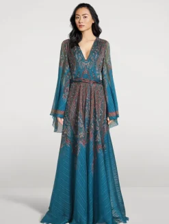 Silk Gown In Floral Paisley Print