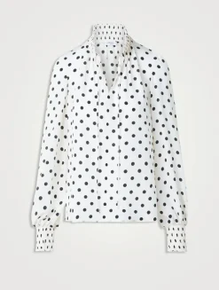 Silk Tie-Neck Blouse In Polka Dot Print