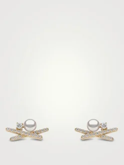 Sleek 18K Gold Akoya Pearl Earrings With Diamonds