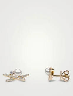 Sleek 18K Gold Akoya Pearl Earrings With Diamonds