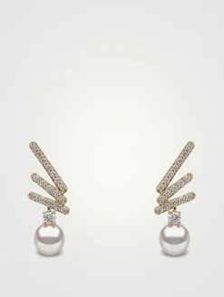 Sleek 18K Gold Akoya Pearl Drop Earrings With Diamonds