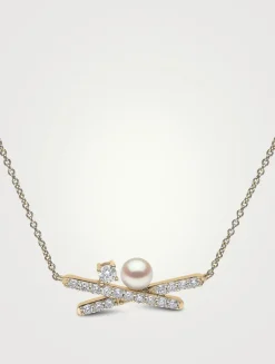 Sleek 18K Gold Akoya Pearl Necklace With Diamonds