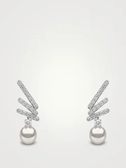 Sleek 18K White Gold Akoya Pearl Drop Earrings With Diamonds