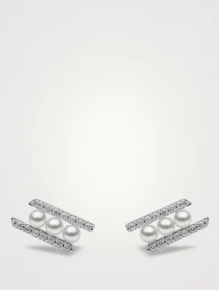 Sleek 18K White Gold Akoya Pearl Earrings With Diamonds