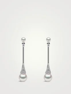 Sleek 18K White Gold Akoya Pearl And Diamond Earrings