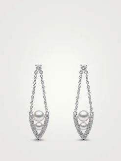 Sleek 18K White Gold Akoya Pearl Earrings With Diamonds