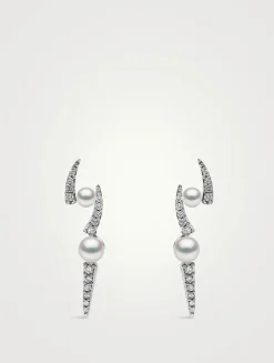 Sleek 18K White Gold Akoya Pearl Earrings With Diamonds