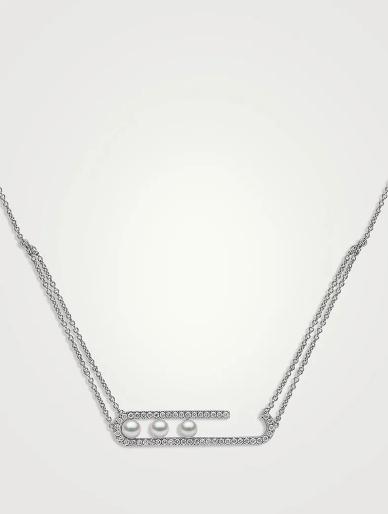 Sleek 18K White Gold Akoya Pearl Necklace With Diamonds