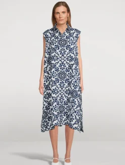 Sleeveless Linen Shirt Dress In Ottoman Tile Print