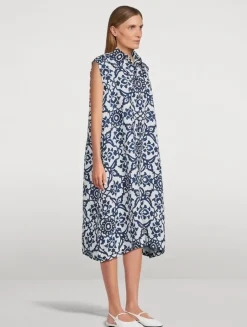 Sleeveless Linen Shirt Dress In Ottoman Tile Print