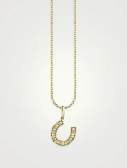 Small 14K Gold Bezel Horseshoe Pendant Necklace With Diamonds