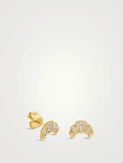 Small 14K Gold Croissant Studs With Diamonds