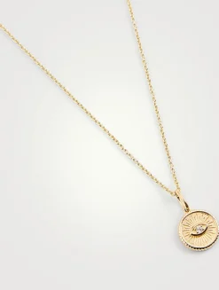 Small 14K Gold Evil Eye Coin Necklace With Diamond