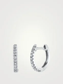 Small 18K White Gold Huggie Hoop Earrings With Diamonds