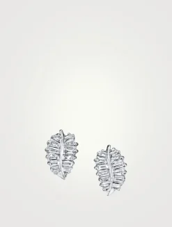 Small 18K White Gold Palm Leaf Stud Earrings With Diamonds
