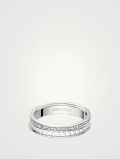 Small 18K White Gold Quatre Double White Edition Wedding Band With White Hyceram And Diamonds