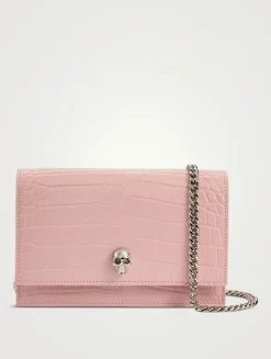 Small Skull Croc-Embossed Leather Crossbody Bag