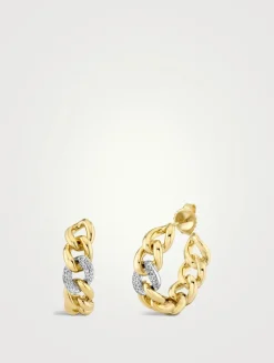 Small Two-Tone 14K Gold Link Hoop Earrings With Diamonds