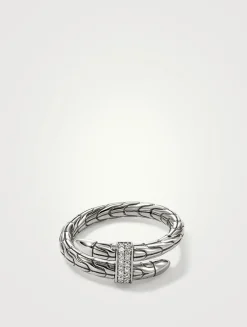 Spear Silver Single Wrap Ring With Pavé Diamonds