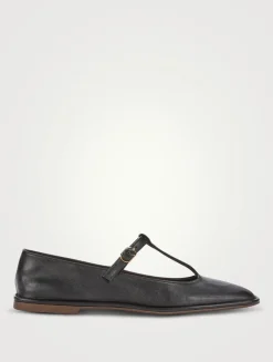 Square Leather T-Strap Ballet Flats
