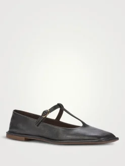 Square Leather T-Strap Ballet Flats