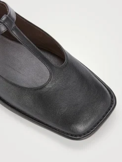 Square Leather T-Strap Ballet Flats