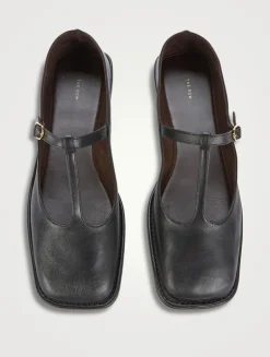 Square Leather T-Strap Ballet Flats