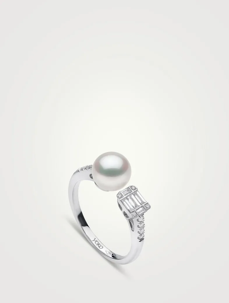 Starlight 18K White Gold Akoya Pearl Ring With Diamonds