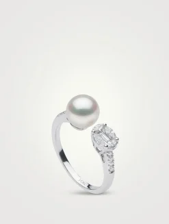 Starlight 18K White Gold Akoya Pearl Ring With Diamonds