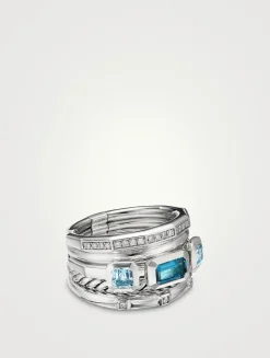 Stax Five Row Ring In Sterling Silver With Hampton Blue Topaz And Pavé Diamonds