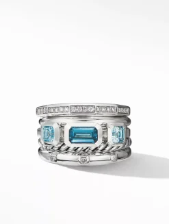 Stax Five Row Ring In Sterling Silver With Hampton Blue Topaz And Pavé Diamonds
