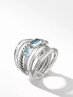 Stax Five Row Ring In Sterling Silver With Hampton Blue Topaz And Pavé Diamonds