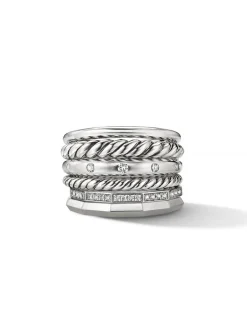 Stax Six Row Ring In Sterling Silver With Diamonds, 16mm