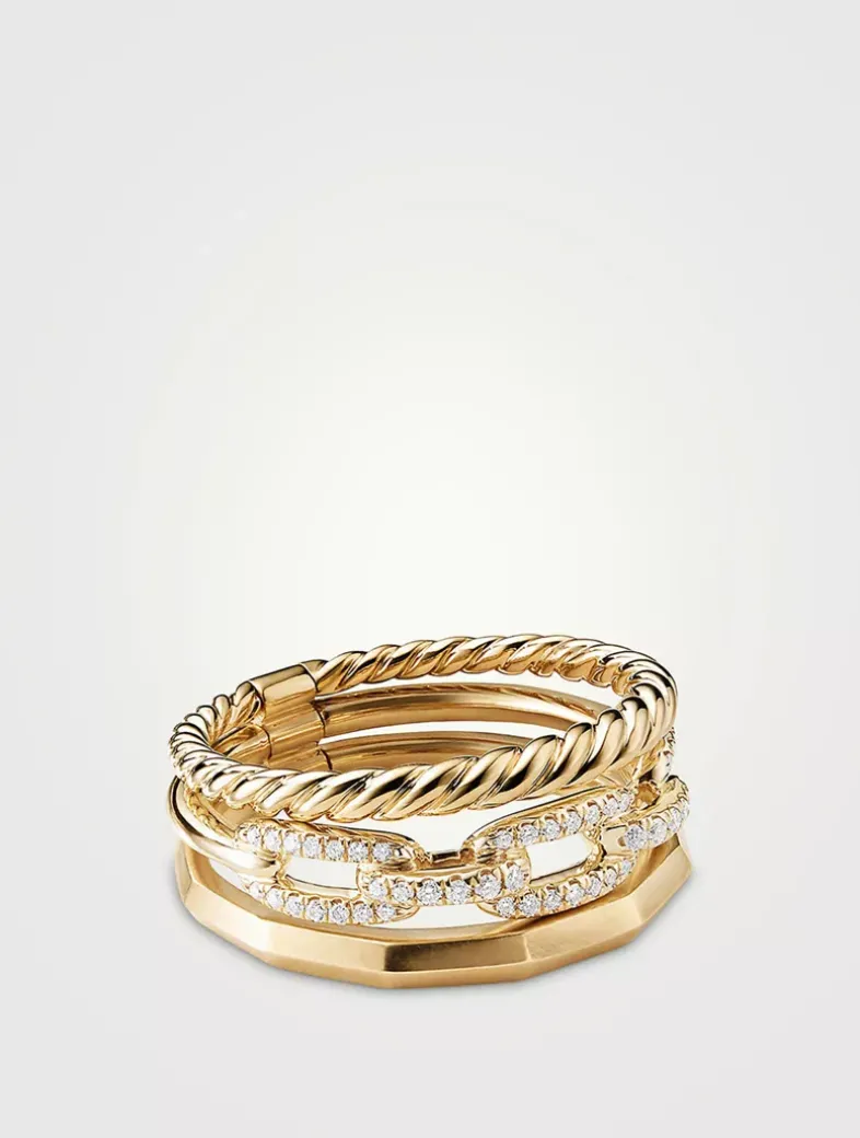 Stax Three Row Ring In 18k Yellow Gold With Pavé Diamonds