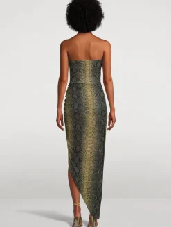 Strapless Draped Gown In Python Print