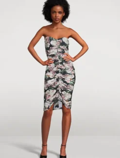 Strapless Shirred Dress In Floral Print