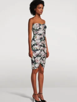 Strapless Shirred Dress In Floral Print
