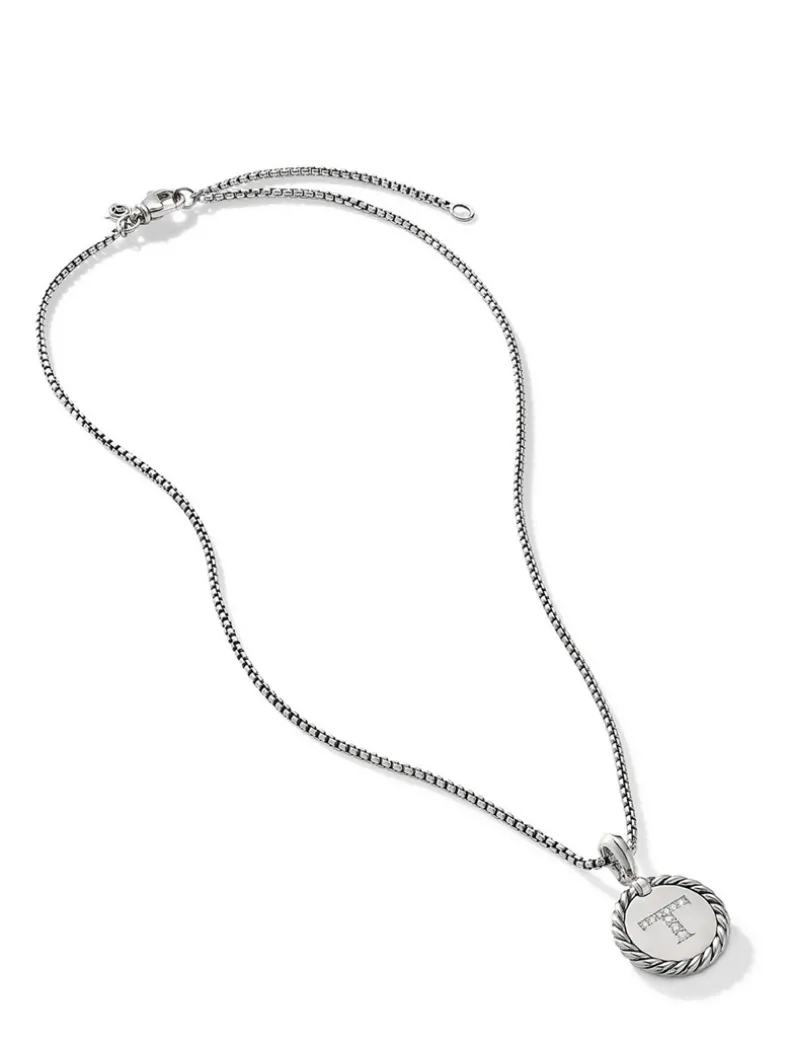 T Initial Charm In Sterling Silver With Pavé Diamonds