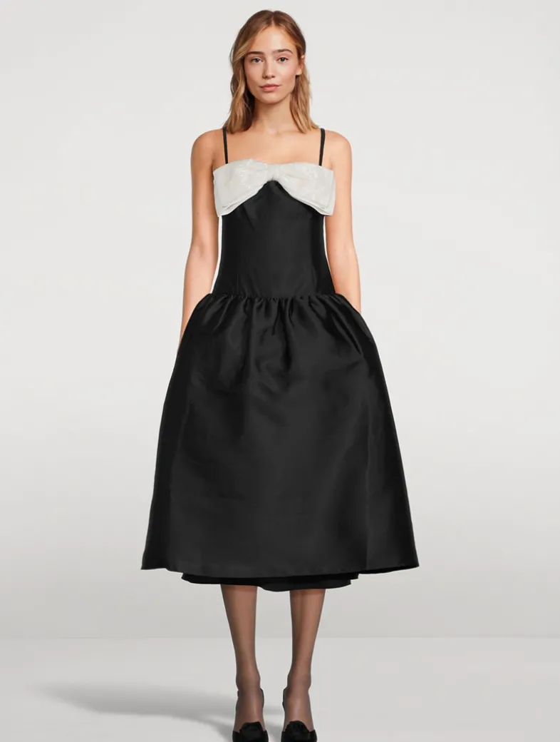 Taffeta Contrast-Bow Midi Dress
