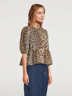 Tie-Front Poplin Blouse In Leopard Print