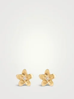 Tiny Plumeria Stud Earrings With Diamonds