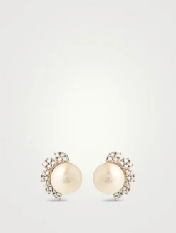 Trend 18K Gold Freshwater Pearl And Diamond Flutter Stud Earrings