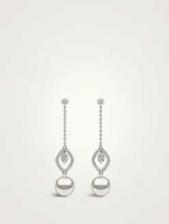 Trend 18K White Gold Freshwater Pearl Drop Earrings With Diamonds