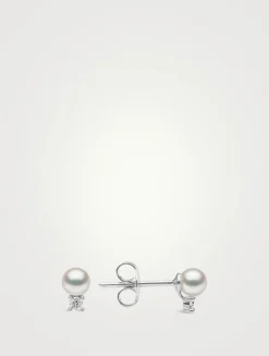 Trend 18K White Gold Freshwater Pearl And Diamond Petite Stud Earrings