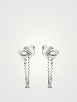 Trend 18K White Gold Pearl Chain Drop Earrings With Diamonds