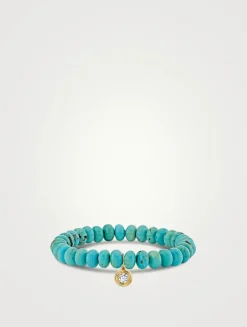 Turquoise Beaded Bracelet With 14K Gold Fluted Single Diamond Charm