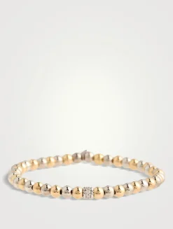 Two-Tone Gold Beaded Bracelet With 14K Gold Diamond Rondelle