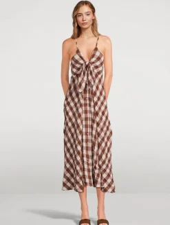 Via Tie-Front Midi Dress In Gingham Print